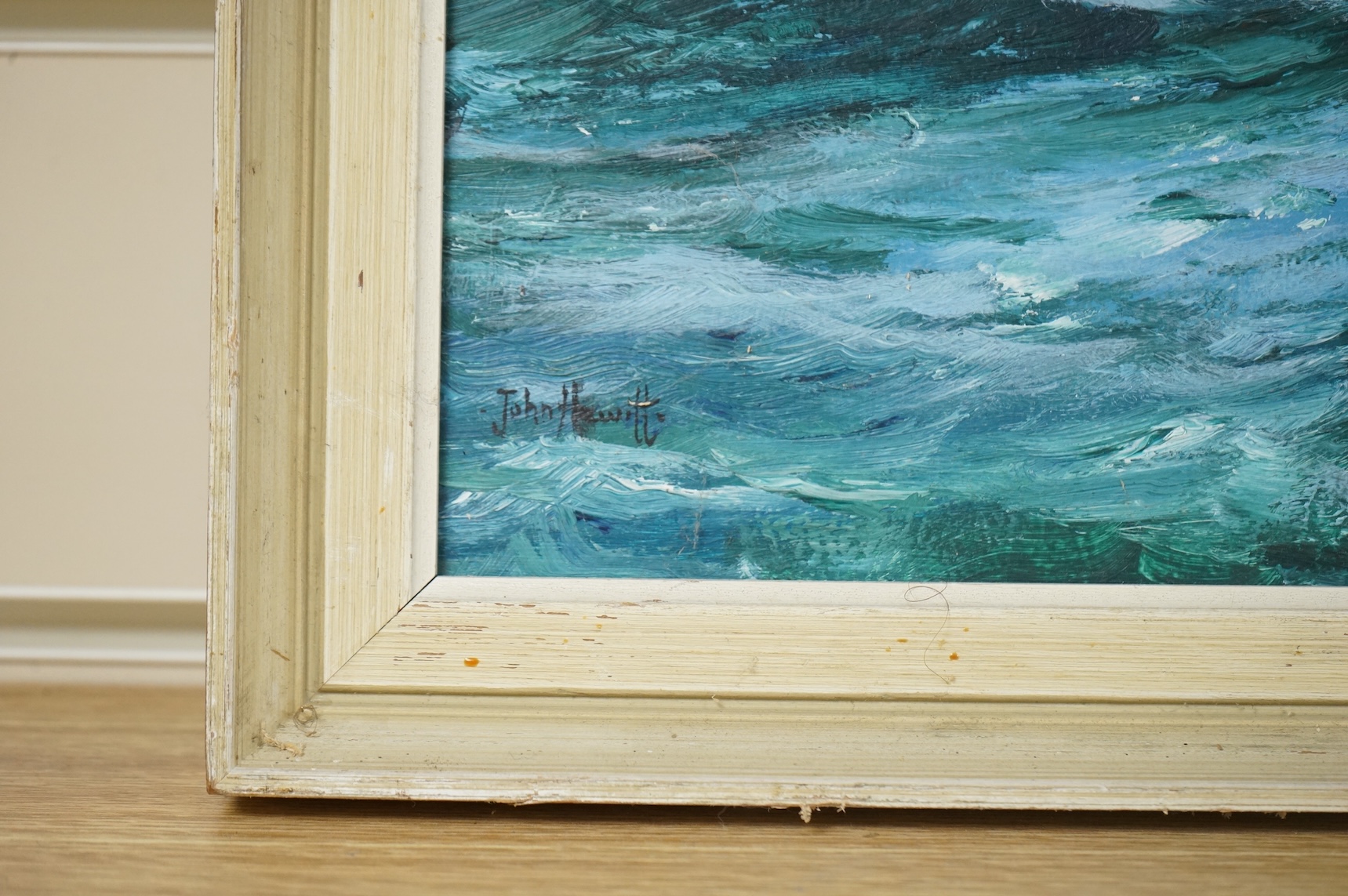 Two oils comprising John Hewitt (1922-2006), Choppy seascape and Naïve English school, Study of a steamship, 30 x 46cm